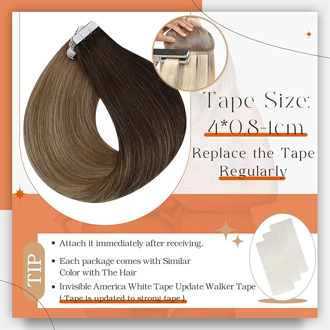 Full Shine Ombre Hair Extensions Tape in Balayage Glue in Extensions Color 2/6/18 Brown And Blonde Tape ins Human Hair Extensions Straight Seamless Hair Extension Remy Human Hair 22Inch 50G 20pcs