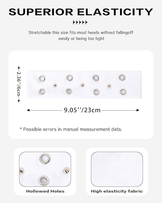 Grommet Headband for Women, White Triangle Studs 23cm Hollow Out Elastic Hair Band, Eyelets Punk Grunge Stylish Hairband