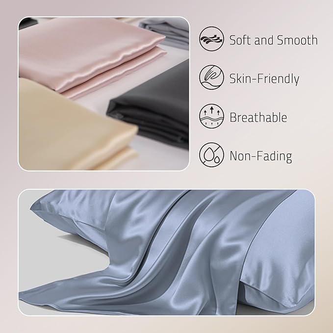 Mulberry Silk Pillowcases Set of 2, Both Sides Real Silk Pillowcase for Hair and Skin Cool Pillowcase Organic Silk Pillowcase 2 Pack with Hidden Zipper, Dusty Blue, Standard (20"×26")