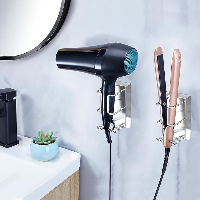 Blow Dryer Holder Wall Mount Hair Dryer Holder, Adhesive Straightener Holder, Curling Iron Holder for Bathroom Salon Barber Shop, Flat Iron Holder, Hair Tools Organizer Storage (Silver)