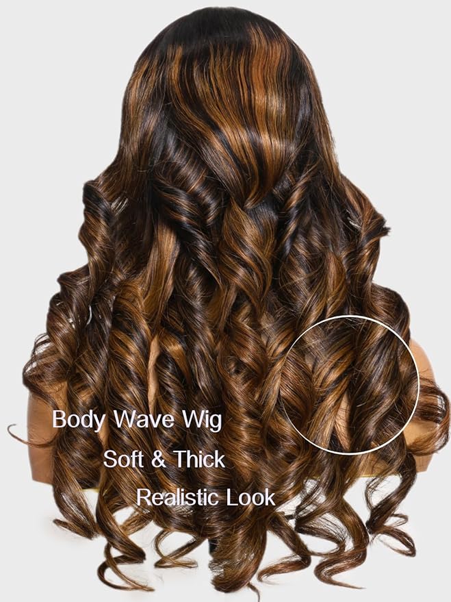 Julia Hair Bye Bye Knots Glueless Wig Highlight Balayage Brown Body Wave 7x5 Pre Cut HD Lace Front Wigs Human Hair Pre Plucked Bleached Knots Pre Everything Ready To Go Ombre Wig 24 Inch