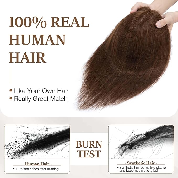 Rich Choices Hair Toppers for Women Real Human Hair 100% Human Remy Toppers NO Bangs for Women with Thinning on Top Clip in Hairpiece 4"x4.7"Lace Base 8 Inch #4 Medium Brown
