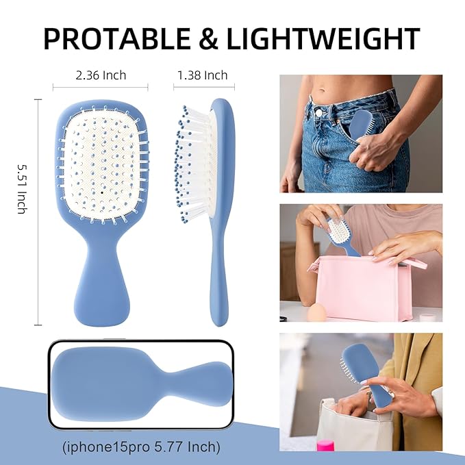 Mini Hair Bursh for Women Men and Kids, Protable Travel Size Hair Brush for Pockets Purses, Mini Detangler Brush for All Hair Types, Small Paddle Brush for Detangling (1 Pack-Blue)