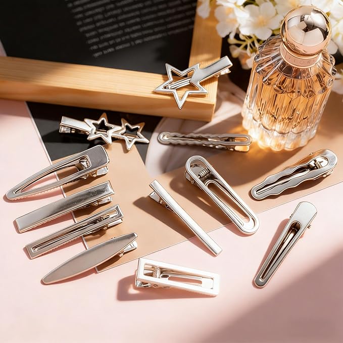 OIIKI 24pcs Silver Y2K Hair Clips, 12 Style Metal Alligator Clips Barrettes for Women, Non-Slip 2000s Star Hairclips Cool Hair Accessories for Thin Thick Straight Curle Hairstyles