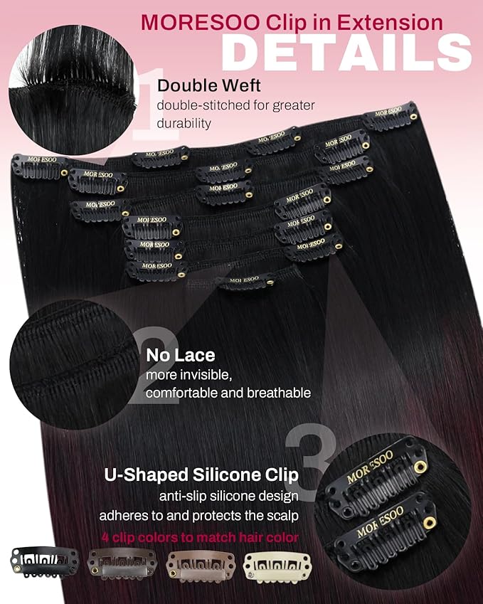 Moresoo Clip in Hair Extensions Ombre Black to Wine Red Double Weft Real Hair Clip in Extensions Balayage Black to Burgundy 7Pcs/120G 22inch
