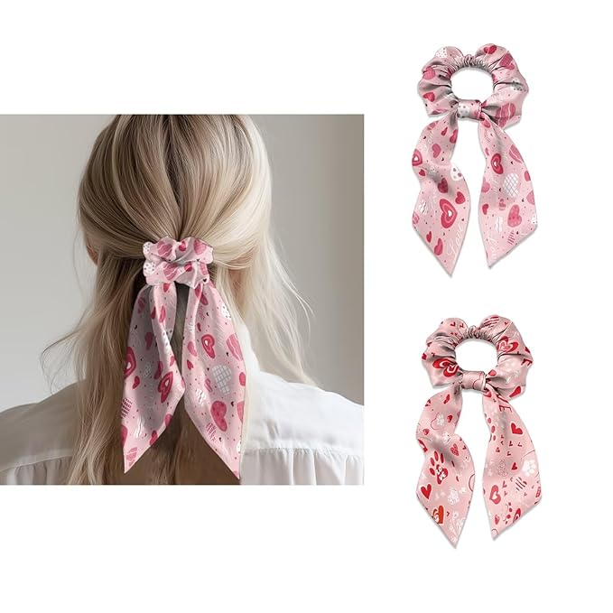 Heart Paw Print Satin Hair Ties for Thick Curly Hair Pink Knotted Bow Hair Scrunchies Soft Ribbon Scrunchy for Womens Pack of 2 for Valentine's Day