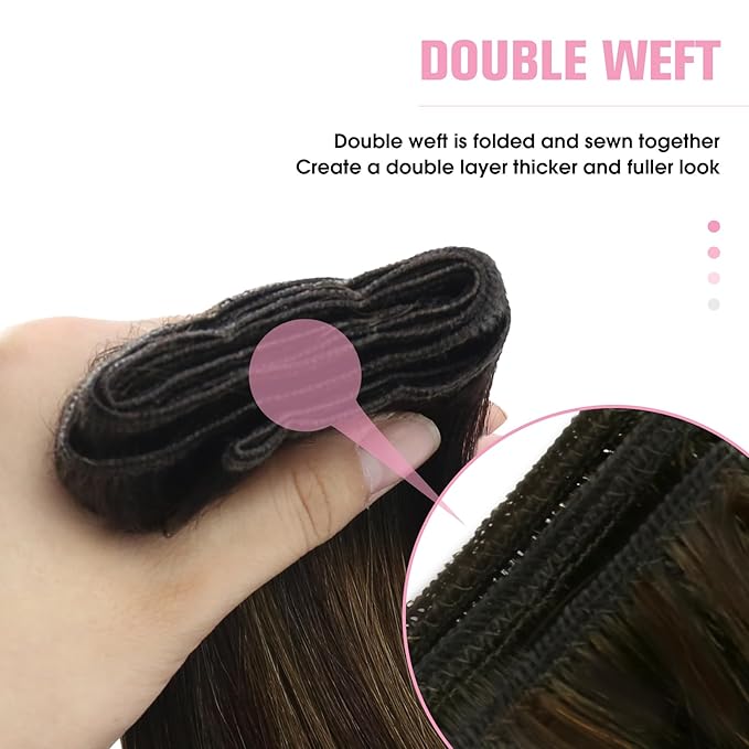 YoungSee Sew in Hair Extensions Real Human Hair Brown Balayage Weft Extensions Darkest Mixed Medium Brown Human Hair Sew in Extensions for Natural Look 16Inch 100G