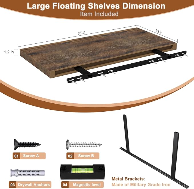 12 Inch Deep Floating Shelves for Wall 1 Pack Floating Shelves Large Storage Space Wall Mount Shelf for Living Room Kitchen Bathroom 36" W x 12" D x 1.2" H Rustic Brown