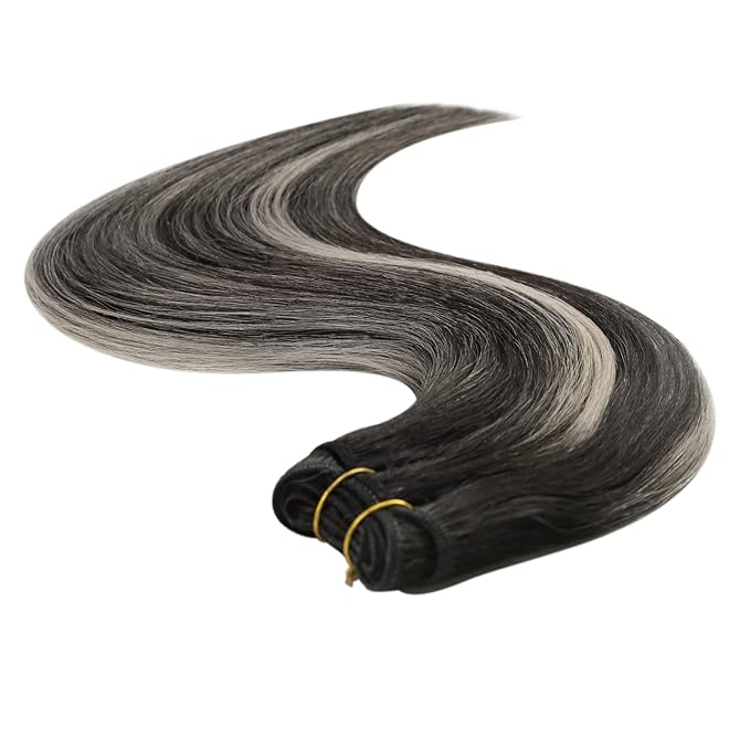YoungSee Weft Hair Extensions Black Balayage Sew in Hair Extensions Real Human Hair Natural Black and Silver Balayage Human Hair Weft Extensions for Short Hair 70G 14Inch