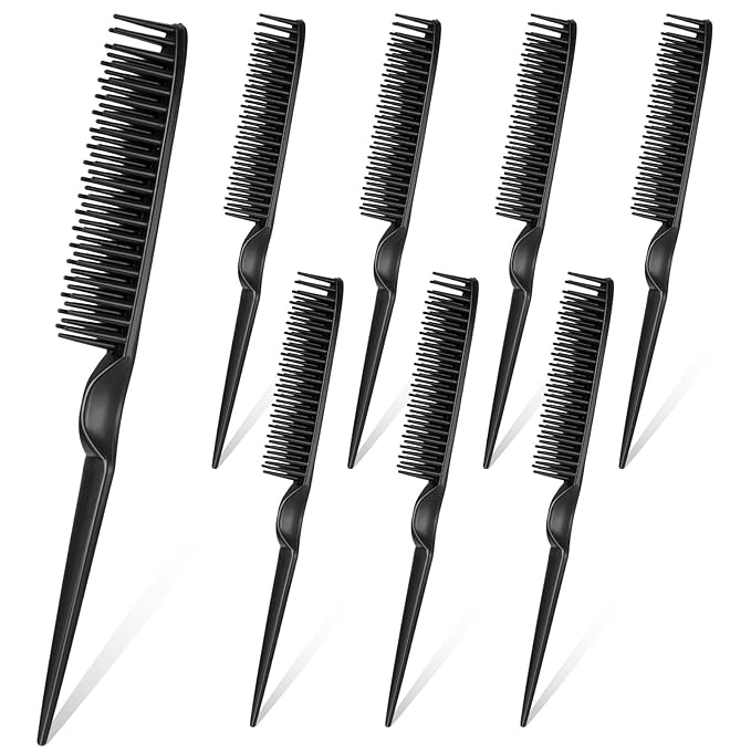 8PCS 3 Row Rat Tail Comb, Travel Size Styling Comb for Natural Detangling Curly Hair, Rat-tail Teasing Brush for Combing, Styling, and Sectioning, Unisex