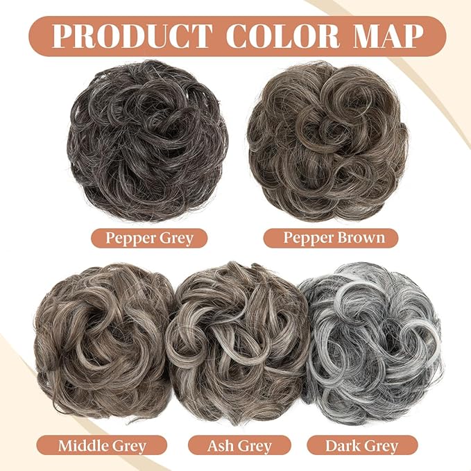 CJL HAIR 2PCS Messy Bun Hair Pieces Wavy Curly Synthetic Updo Chignon Fake Scrunchies Ponytail Extension for Women Ash Grey