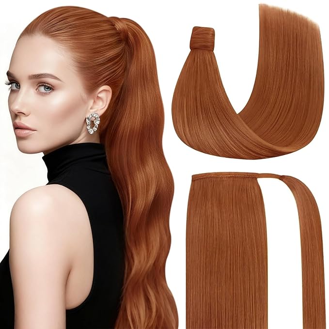 Ve Sunny Hair Extensions Ponytail Real Human Hair Wrap Around Clip in Ponytail Hair Extensions Straight Extensions Human Hair for Women Copper 22inch 80G