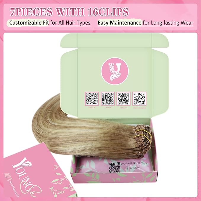 YoungSee 150g Clip in Hair Extensions Real Human Hair Blonde Clip in Human Hair Extensions Gloden Brown with Blonde Balayage Hair Extension Clip ins for Women 22inch
