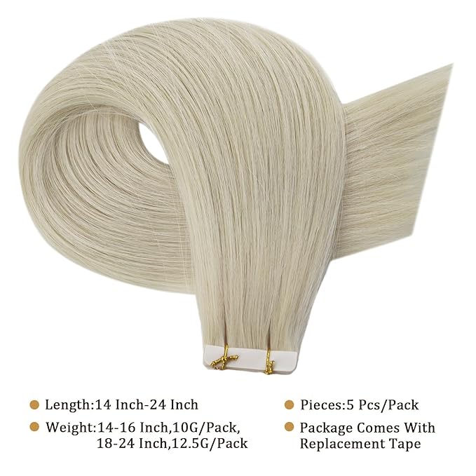 Full Shine Injection Tape ins Human Hair Extensions Virgin Tape Hair Extensions Human Hair Color 1000 Blonde Human Hair Extension 14Inch Machine Remy Seamless Extensions 10G 5Pcs for Wedding