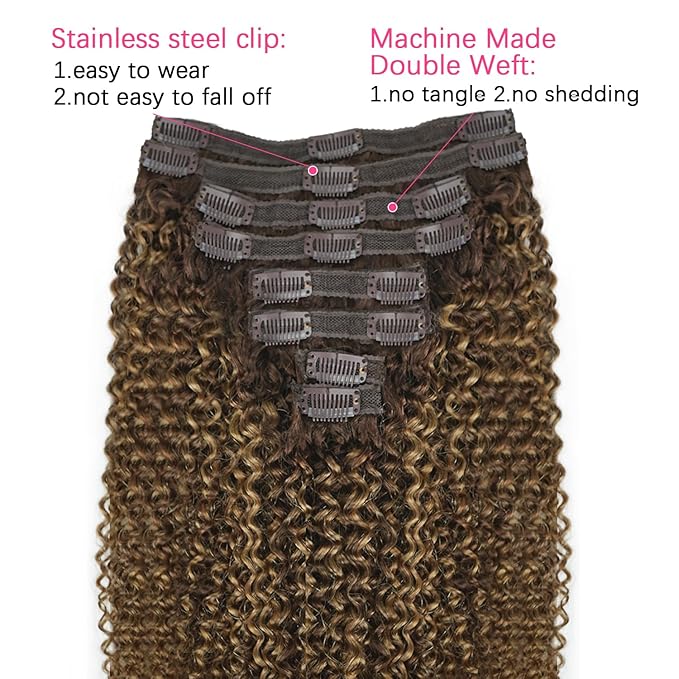 Kinky Curly Clip in Hair Extensions Real Human Hair 4/27/4 Omber Kinky Curly Clip ins For Women 3c 4a Brazilian Virgin Clip on Hair (18inch,#4/27/4)
