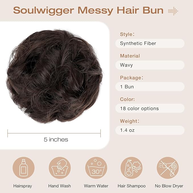 Messy Bun Hair Piece Wavy Curly Scrunchies Fluffy Donut Thick Updo Elegant Chignon Hairpieces for Women Girls, Black & Dark Auburn 1.4oz