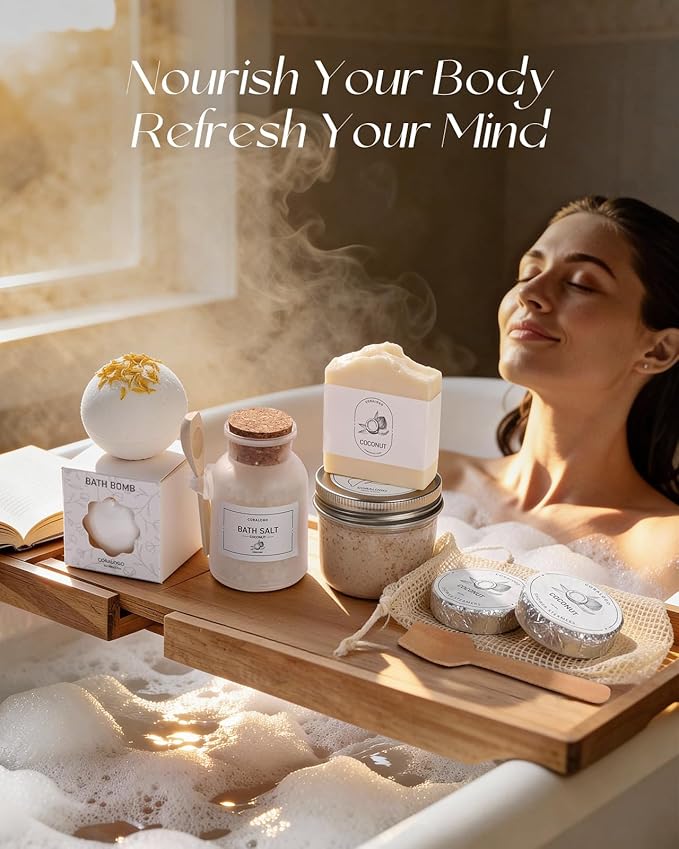 Coralogo Coconut Spa Gifts for Women - 15pc Self-care Spa Gift Basket with Bath Salt, Greeting Card - Thinking of You Basket for Her Birthday, Christmas, Mother's Day, Valentine's Day