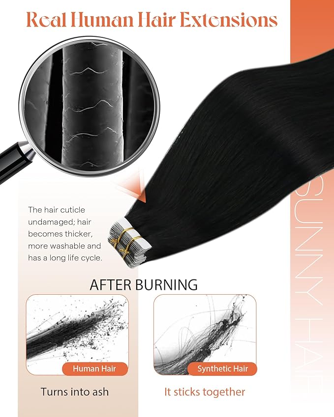 Sunny Hair Tape in Hair Extensions Human Hair 14inch Hair Extensions Real Human Hair Tape in Extensions for Women Jet Black Invisible Remy Hair Natural Straight Skin Weft Double Sided Tapes 20Pcs 50g