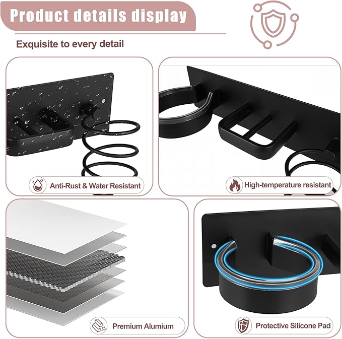 Hair Dryer Holder Wall Mounted 3in1 Hair Tool Organizer Blow Dryer Holder Bathroom Care Styling For Flat Iron,Curling Iron Matte Black