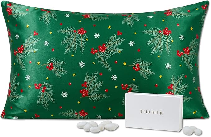 THXSILK Christmas Style 6A+ Grade Mulberry Silk Pillowcase for Hair and Skin, 22 Momme 100% Pure Silk Pillow Case with Hidden Zipper, Christmas Holly Printed Pillow Cover(Queen Size 20"x30",Green)