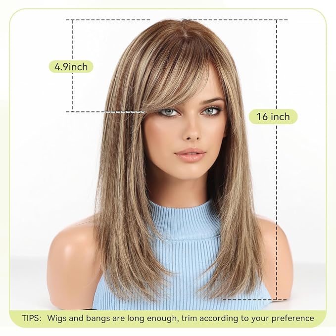 RSY Ombre Brown Mixed Blonde Straight Human Hair Wigs for Women, Shoulder Length and Layered Real Hair Wig with Bangs for Daily Party Use