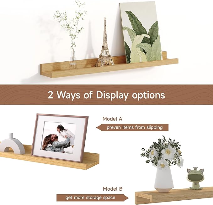 Picture Ledge Shelf for Wall, Floating Shelves Set of 4, 24 Inch Long Nursery Book Shelves for Toys Storage, Kids Bookshelf Wall Mounted for Books Photo Frames, Oak