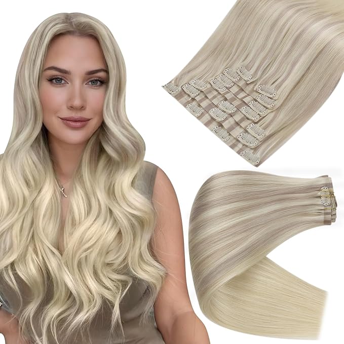 Full Shine Clip in Human Hair Extensions 22 Inch Ash Blonde Balayage Light Blonde Mix Platinum Blonde Real Hair Clip in Extesnions Silky Hair Extension 8 PCS 120 G
