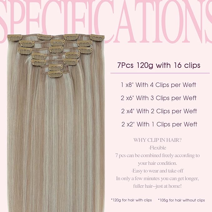 PINKPEARL Clip in Hair Extensions #18P1000 Ash Blonde Highlighted Gray Blonde 7pcs 20 Inch 120g Real Remy Hair Extensions Clip in Human Hair(#18P1000-20)
