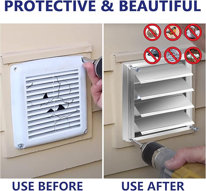 Funmit 4'' Metal Dryer Vent Cover with Metal Mesh Screen, 7"x7" Outdoor Stainless Steel Louvered Vent Cover Includes 4 Screw for Easy Installation