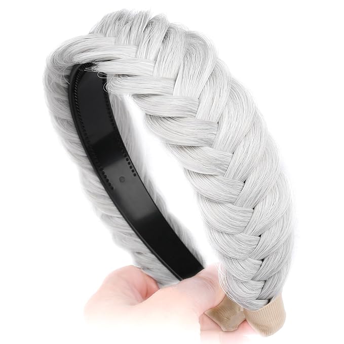 DIGUAN Wide Messy Braided Headband With Teeth Synthetic Hair Plaited Headband High Elasticity Braids Chunky Fishtail Braided Hair Band Hairpiece for Girls Women (White Gray)