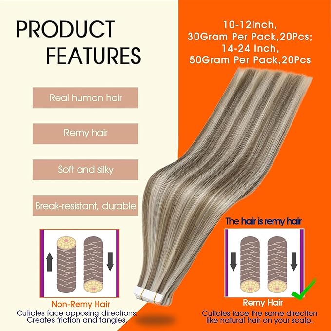 Full Shine Tape in Hair Extensions Glue on Remy Human Hair Extensions 16 Inch Seamless Tape in Extensions Color 8 Ash Brown Highlighted 60 White Blonde Fashion Invisible Real Human Hair 50Grams 20Pcs