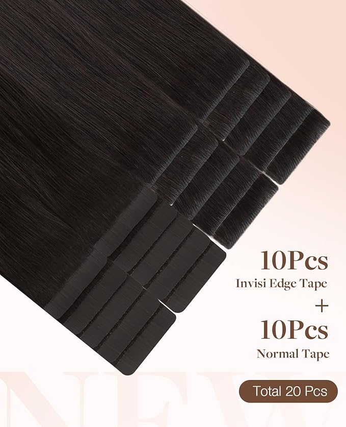 GOO GOO Invisi Edge Tape in Hair Extensions Human Hair, 2 Dark Brown 10pcs injected with 10pcs classical tape ins, 16inch 50g, Virgin Remy Hair, Natural Look