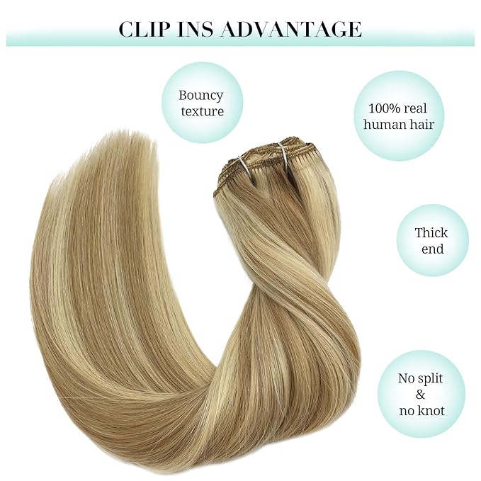DOORES Clip in Human Hair Extensions, 5 pcs 80g Light Blonde Highlighted Golden Blonde Balayage 20 Inch Hair Extensions Clip in Real Straight Natural Hair