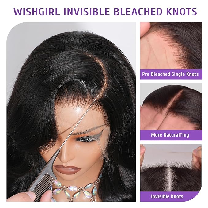 13x4 Full Frontal Wig SKINLIKE Real HD Lace Wig 0.10mm Ultra-thin Invisible HD Lace Front Wigs 200% Density Body Wave Vivid Hairline Bleached Knots 15A Brazilian Human Hair Wig Frayed Ends 28 Inch