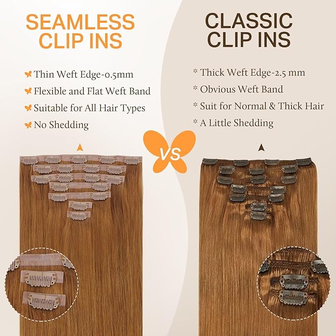 DOORES Seamless Clip-in Hair Extensions, Medium Auburn 18 Inch 130g 7pcs, Straight Natural Real Hair, Invisi Edge