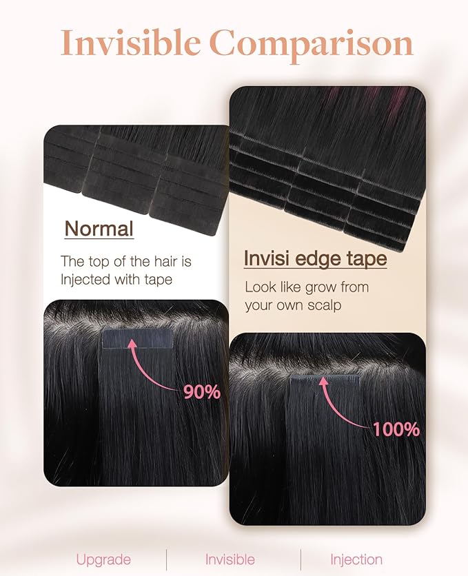 GOO GOO Invisi Edge Tape in Hair Extensions Human Hair, 1/99 Balayage Jet Black to Red 10pcs injected with 10pcs classical tape ins, 24inch 50g, Virgin Remy Hair, Natural Look
