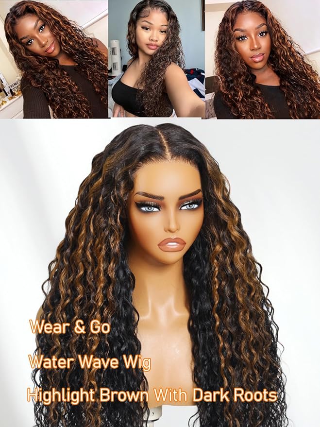Julia Hair Ombre Brown Water Wave Glueless Wig Human Hair 7x5 HD Lace Closure with Invisible Drawstring Pre Plucked Bleached Highlight Balayage Colored Curly Wigs Put On And Go 16 Inch