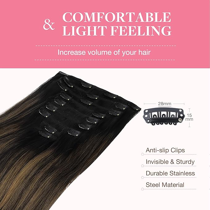 GOO GOO Clip in Hair Extensions Real Human Hair, Remy Human Hair Extensions Clip ins for Women, Natural Human Hair, 20inch 150g 9Pcs, 1B/6/1B Balayage Natural Black to Chestnut Brown