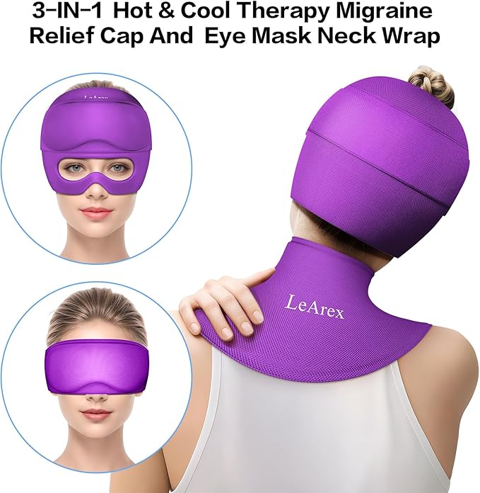 3 in 1 Migraine Relief Cap Neck Ice Pack Wrap Gel and Ice Eye Masks, Detachable Ice Caps with Eyes Masks, Hot and Cold Therapy for Relief of Headaches, Stiff Neck and Eye Fatigue (Purple)