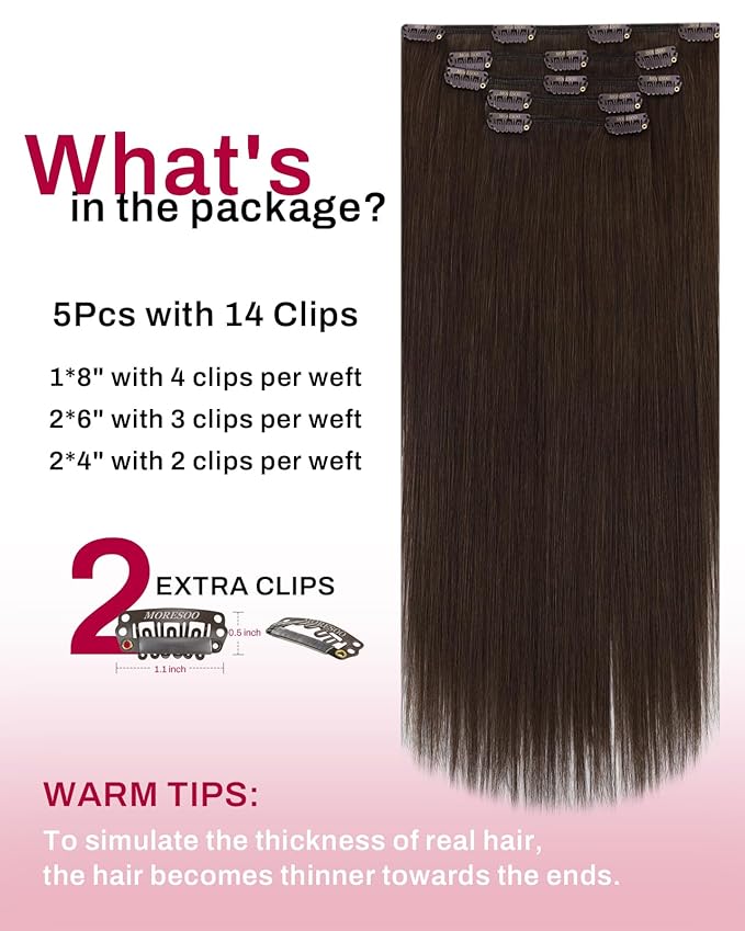 Moresoo 14 inch Clip in Hair Extensions Chocolate Brown Hair Extensions Real Human Hair Clip ins Medium Brown Remy Human Hair for Women Short 80g/5pcs