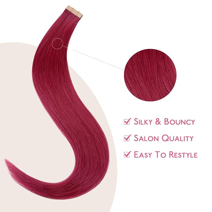 WENNALIFE Tape in Hair Extensions Human Hair Burgundy Red Tape in Extensions, 10pcs 30g 20 inch Remy Invisible Tape Ins Straight Colored Soft Real Human Hair Tape in Extensions Refill Set Extensions