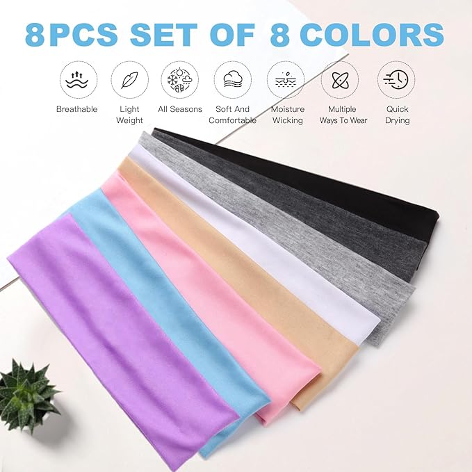 8 Pcs Headbands for Women's Hair, Fashion Hair Bands for Women Soft Elastic Ladies Headband Yoga Gym Hair Accessories