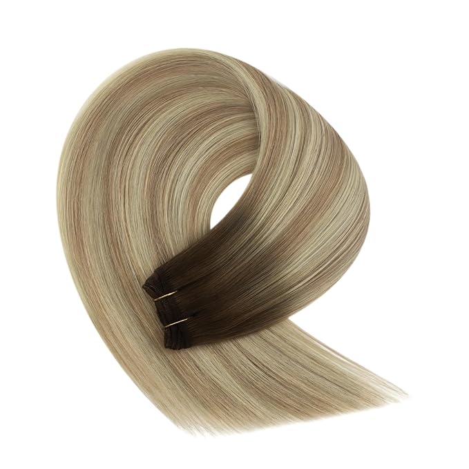 YoungSee Hair Extensions Weft Ombre Sew in Extensions Walnut Brown Ombre Light Brown with Blonde Balayage Double Weft Human Hair Extensions for Long Hair 22Inch 100G