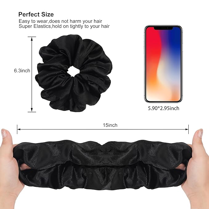 3 Pcs Large Silk Satin Scrunchies - Extra Big, Both for Thick or Thin Hair, No Crease Jumbo Ponytail Holder, No Hurt Your Hair for Sleep