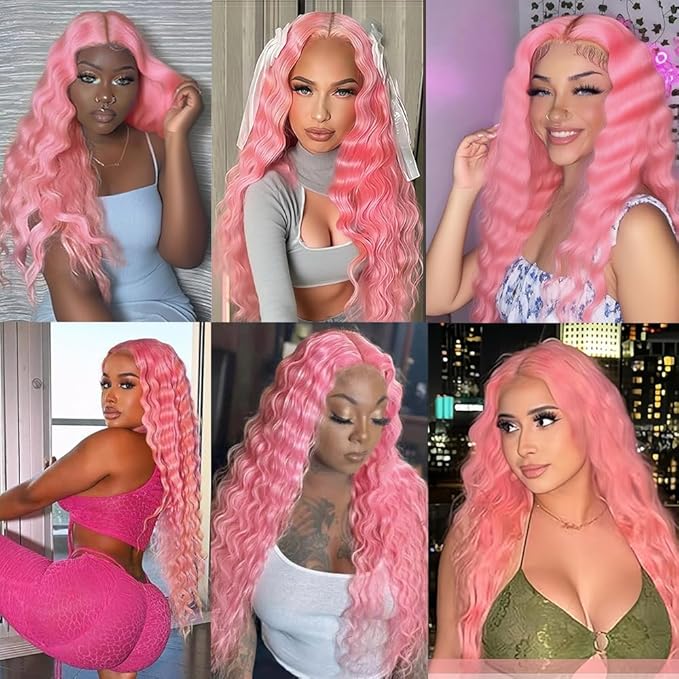 Light Pink Human Hair Bundles Pink Deep Wave Bundle Niegmeag Peruvian Virgin Remy Hair 3 Bundles 22 24 26 Inch Double Weft Hair Weave 300g