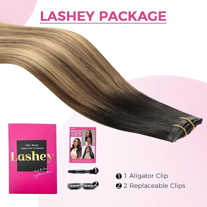 Lashey Seamless Clip in Hair Extensions 4pcs 46g Ombre Balayage Ash Brown to Honey Blonde Clip in Hair Extensions Human Hair with Highlighted Effect 18 Inch Straight Human Hair
