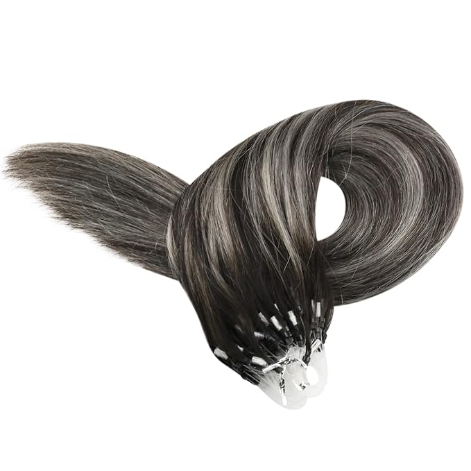 YoungSee Micro Loop Hair Extensions Real Human Hair Ombre Microlink Hair Extensions Balayage Black with Silver Microbead Hair Extension Human Hair Straight 24 Inch for Prom 50g 50s