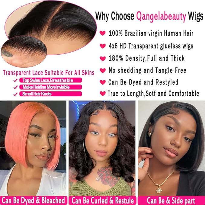 10 Inch Glueless wig human hair 180% Density Bob wig human hair 4x6 HD Transparent Lace Front Wigs human hair Glueless wigs human hair pre plucked pre cut for Women