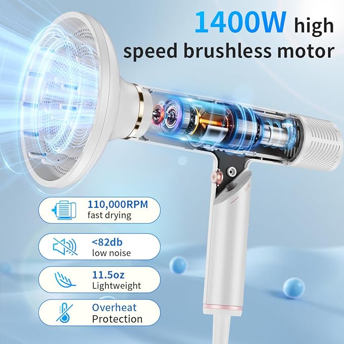 Hair Dryer, High-Speed Brushless Motor Ionic, Foldable and Portable 9Modes One Touch Switch with 1Diffuser, 1Nozzle and 1Concentrator Attachment for Home, Travel, White