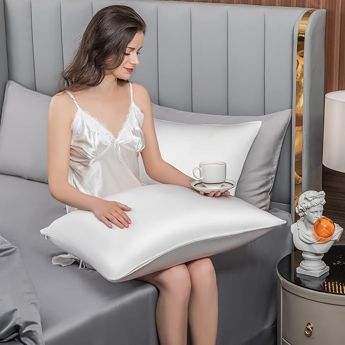 Mulberry Silk Pillowcase for Hair and Skin,Queen Size Cooling Silk Pillow Case with Hidden Zipper,Allergen Proof Dual Sides Soft Breathable Smooth Silk Pillow Cover for Women(Queen,White)